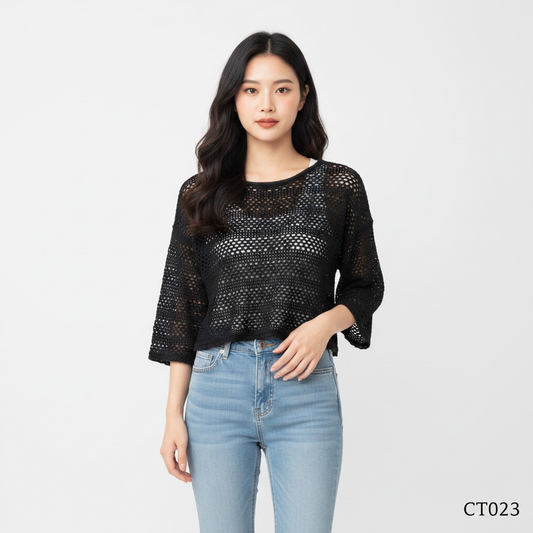 Black Open-Knit Pullover Top