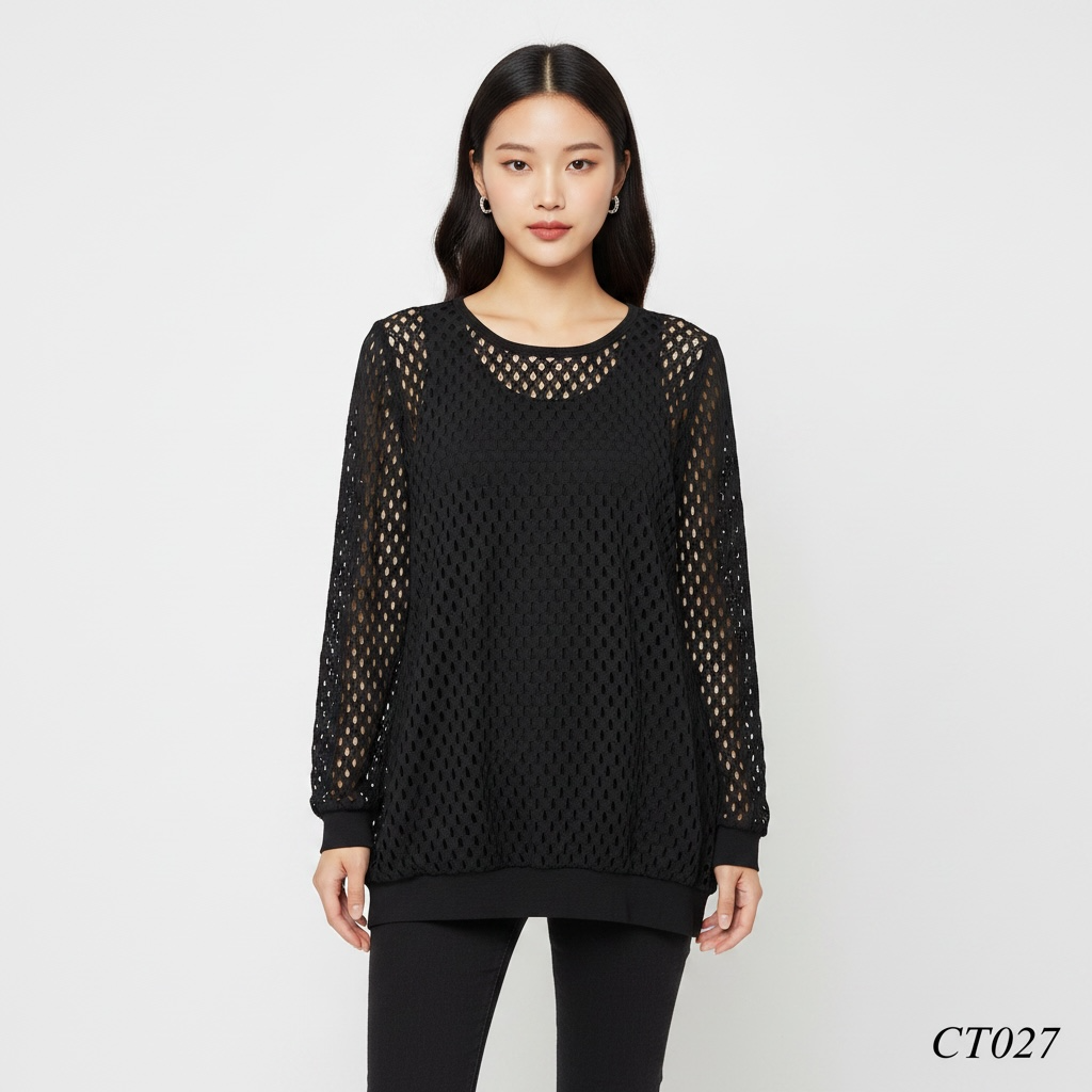 Black Mesh Knit Tunic Top