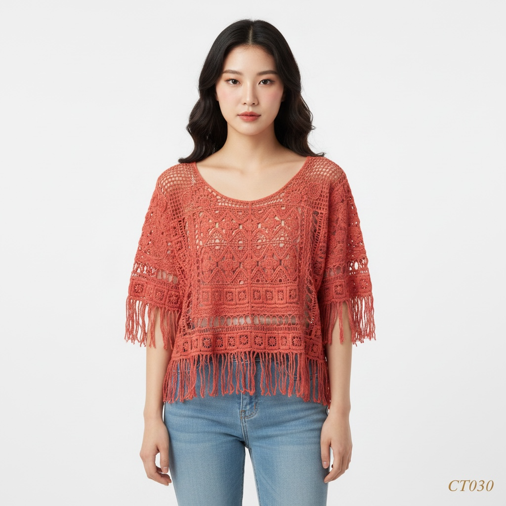 Burnt Orange Crochet Fringe Top