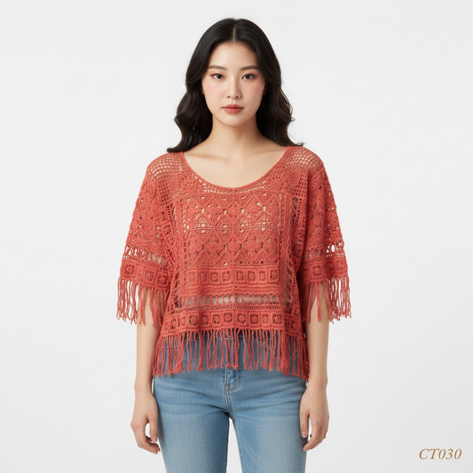 Burnt Orange Crochet Fringe Top